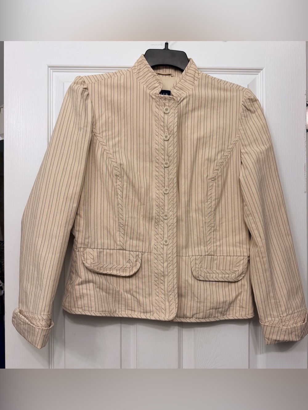 GAP Cream Pinstripe Stand-Collar Button Jacket